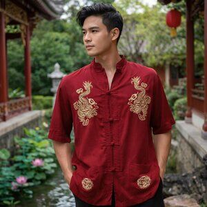 Quiksilver Dragon Embroidered Shirt Maroon Asian Style Men’s 4XL (Fits L/XL)